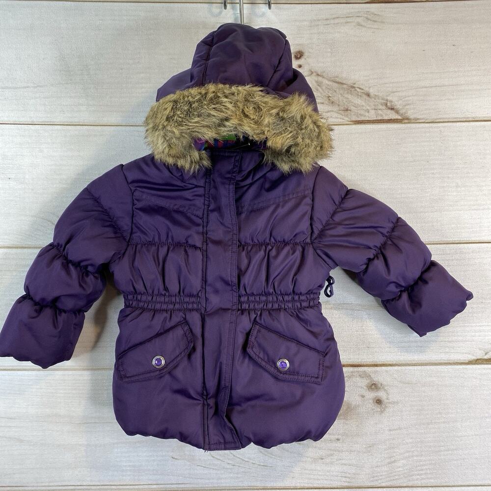 Rothschild Baby Coat Sz 18 Months Purple Puffer Faux Fur Hood Pockets Girls